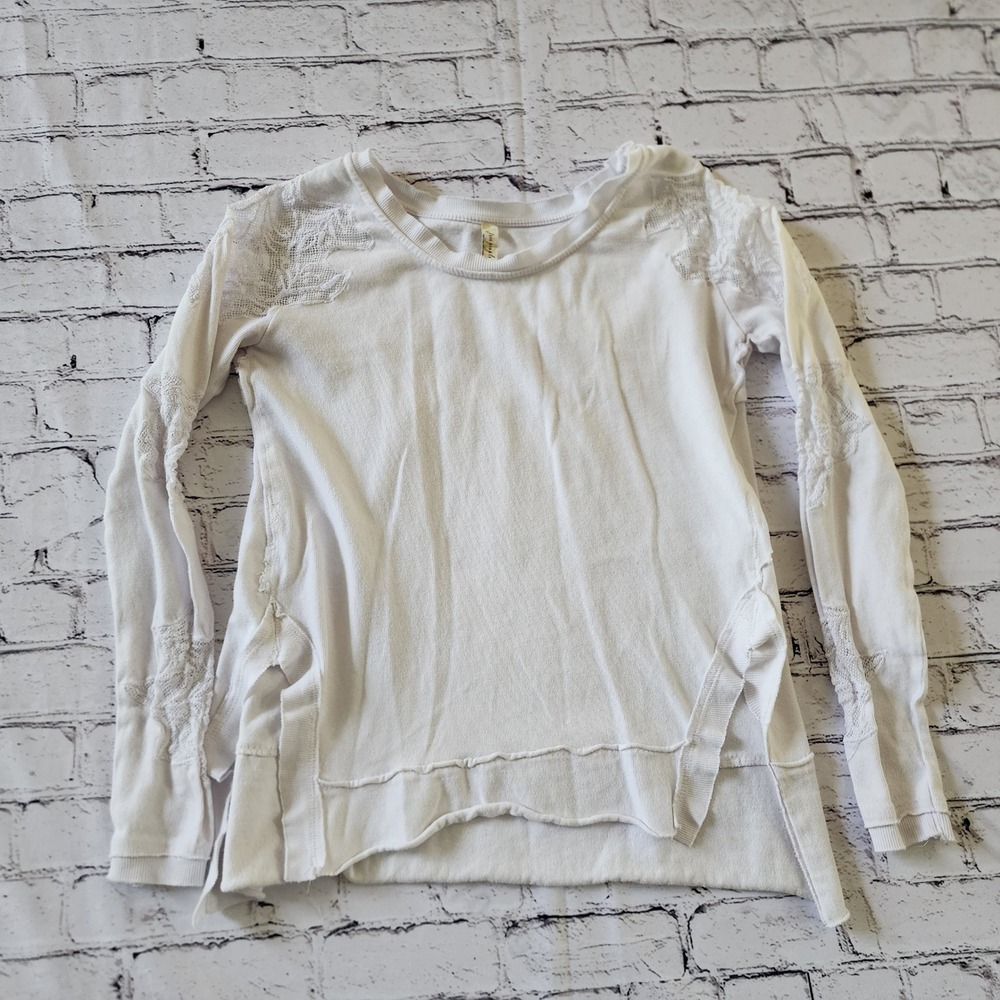 Free People Womens White Lace Crochet Thermal Long Sleeve Top XS Raw Hem Boho